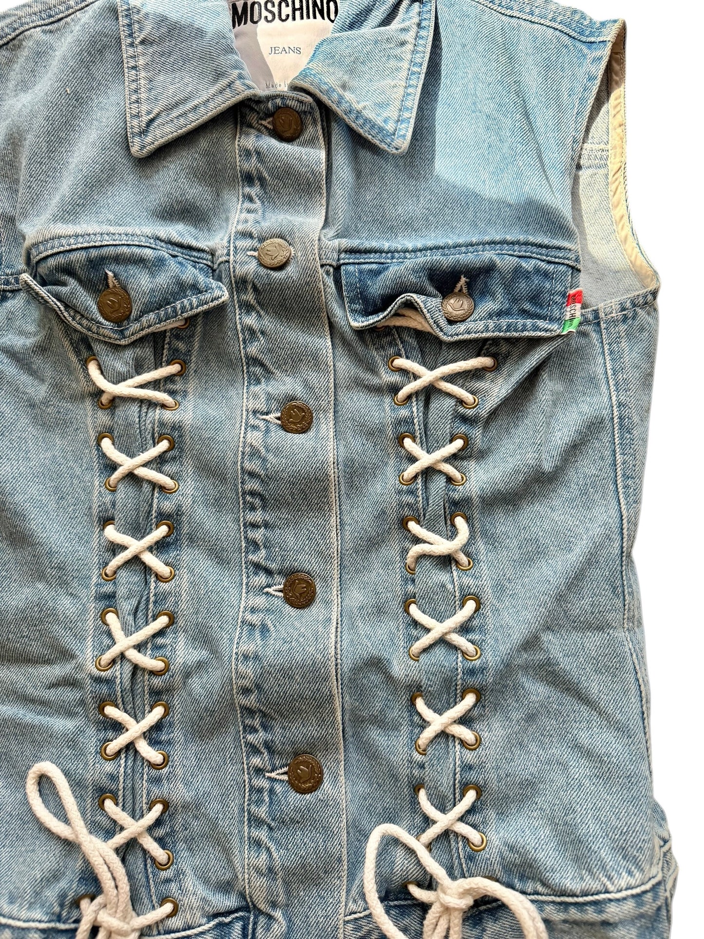 Moschino denim vest with white lace up details