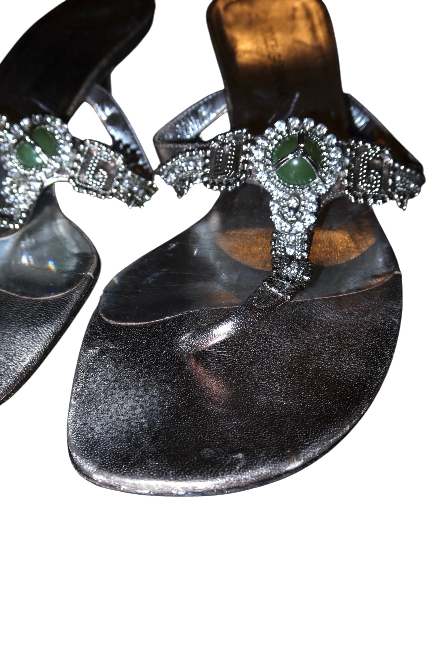 Dolce & Gabbana silver mules with rhinestones, D&G logo and green stone (38.5)