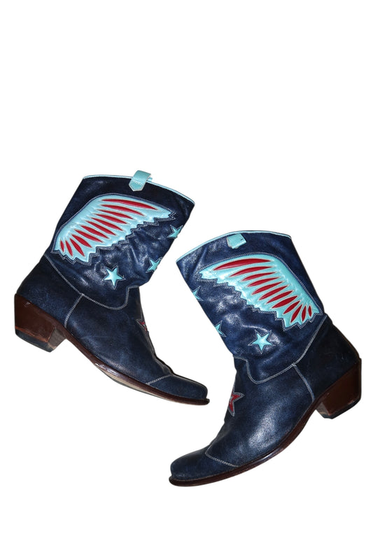 Roberto Cavalli midnight blue leather boots with wing details (39)