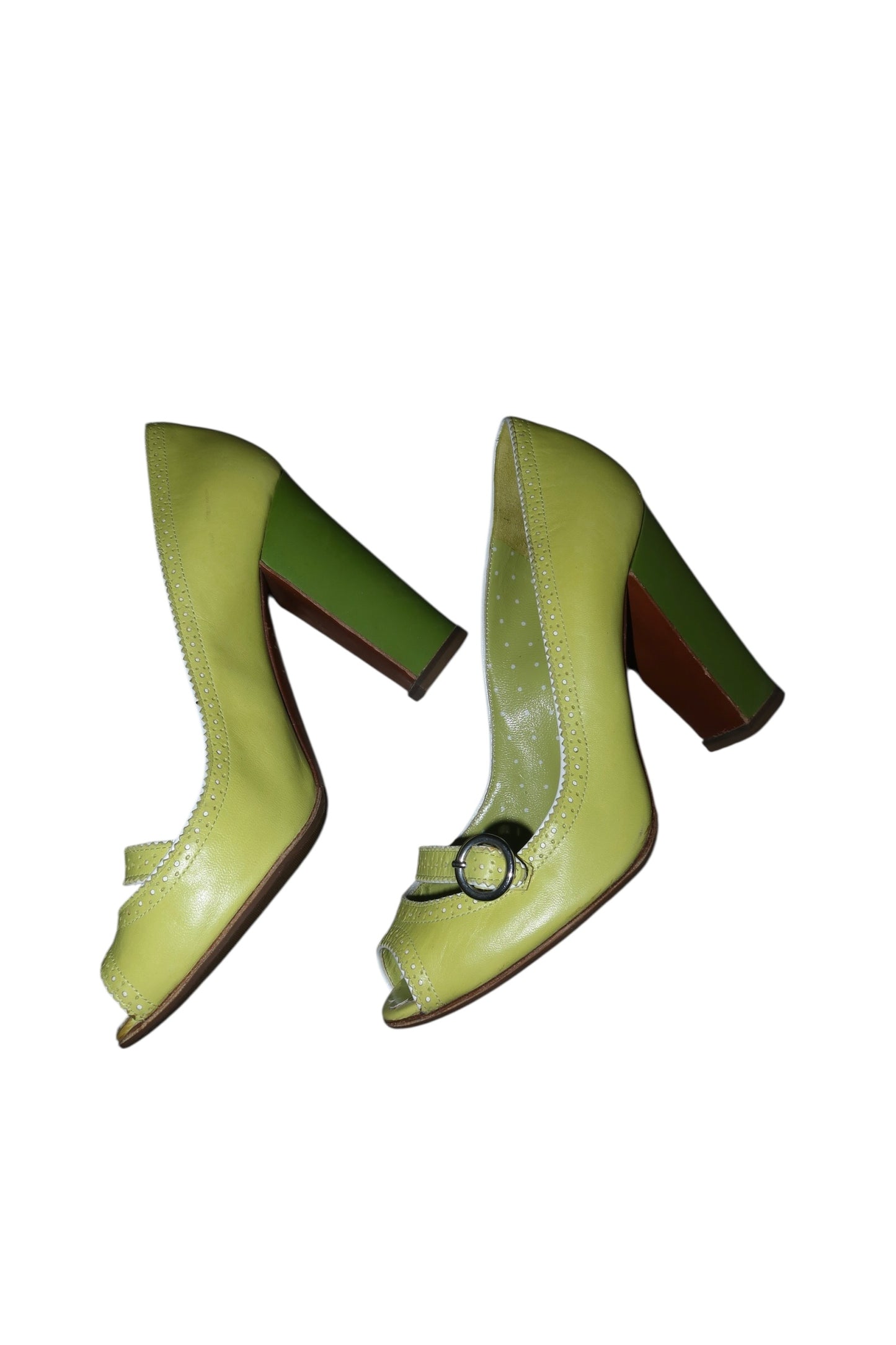 Moschino lime green peep toe heels with buckle (39)