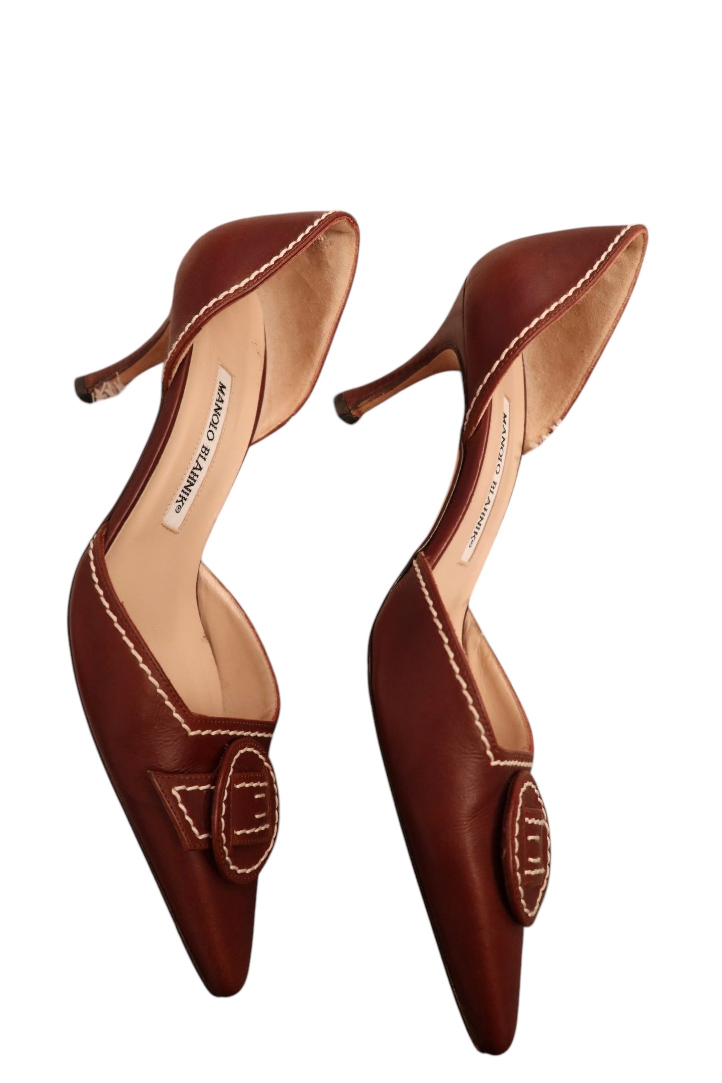 Manolo Blahnik brown heels with white stitching detail (37.5)