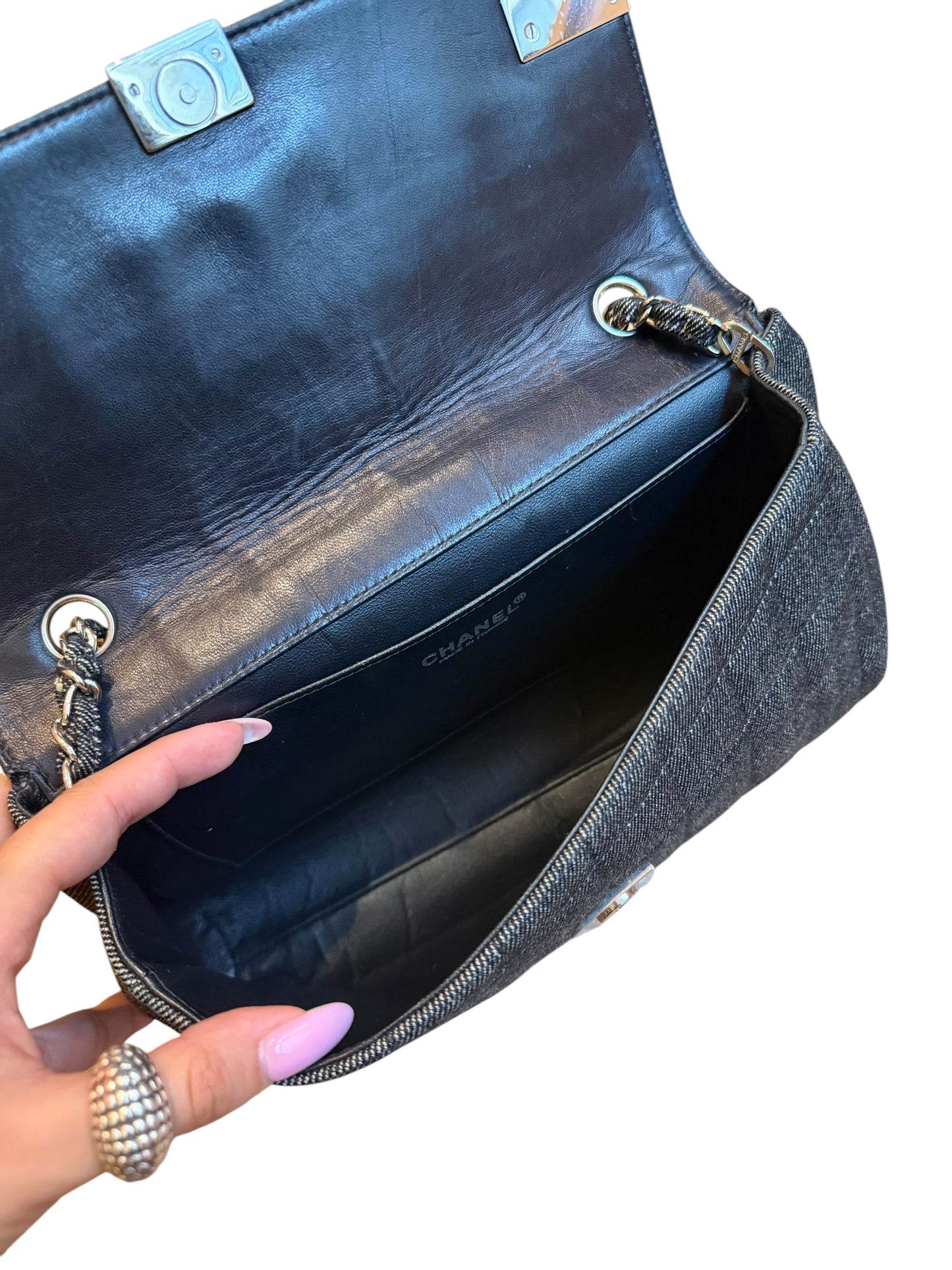 Chanel grey denim chocolate bar flap bag