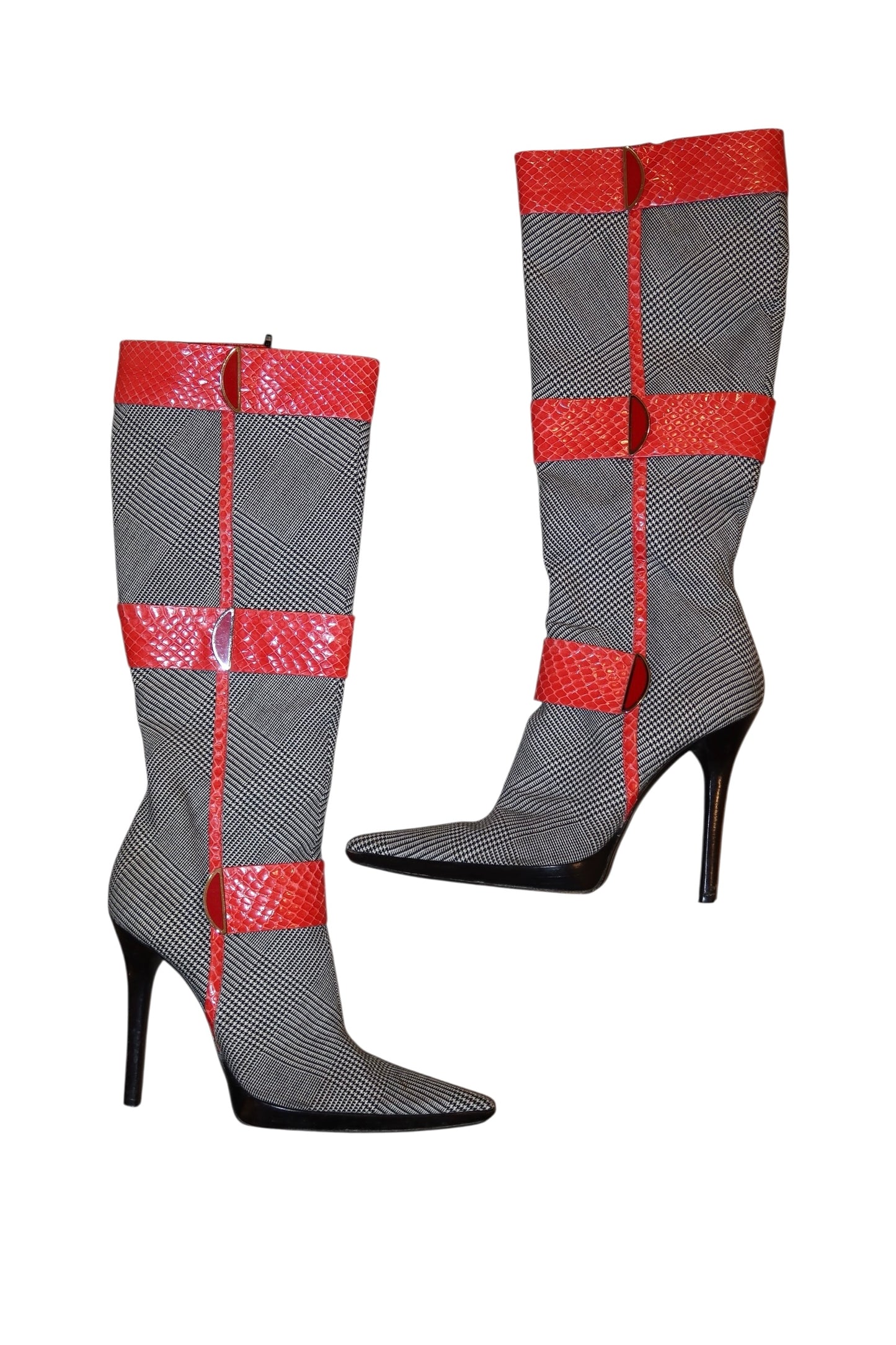 Casadei gray plaid boots with red snakeskin details (7)