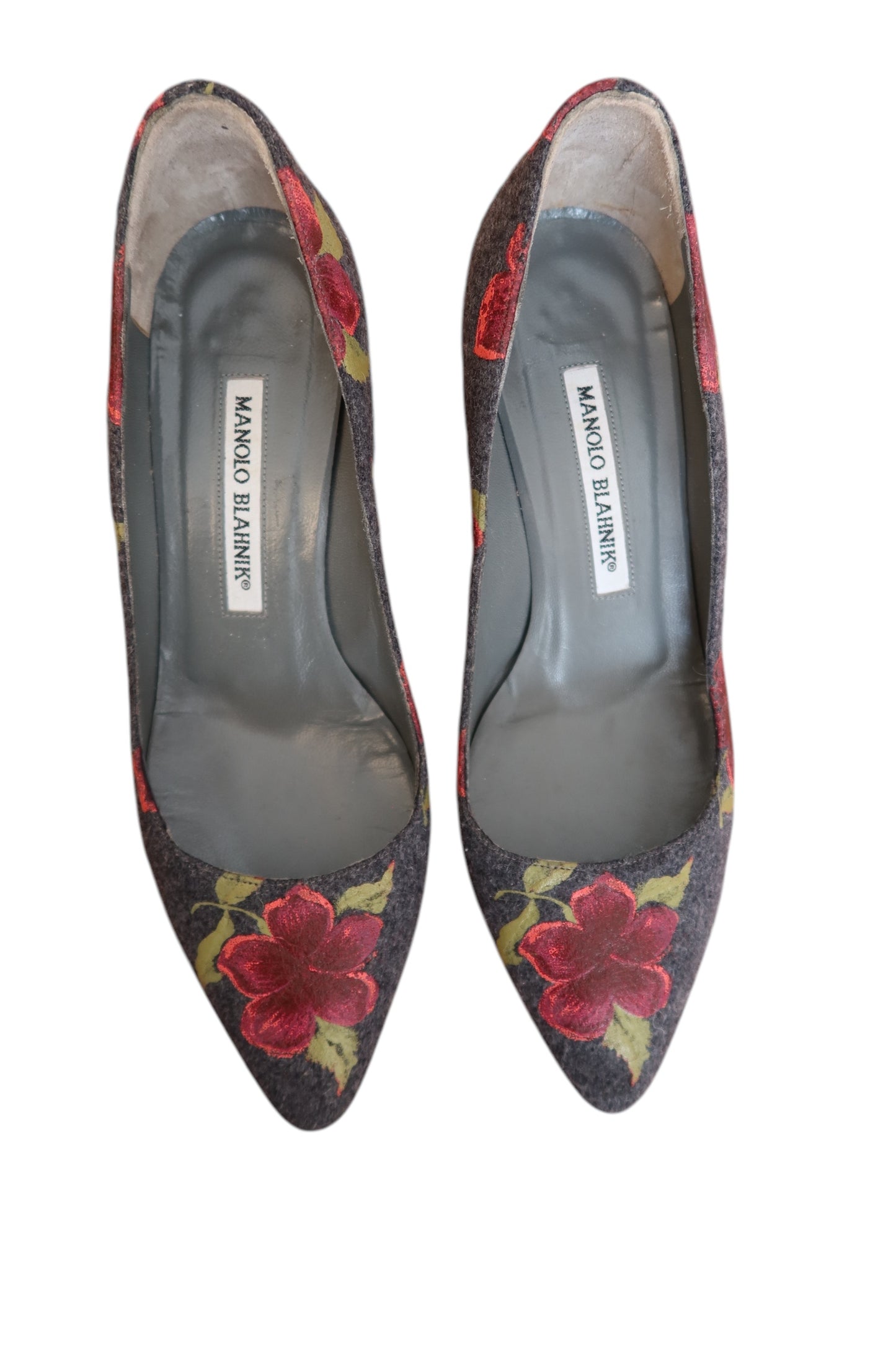 Manolo Blahnik grey wool heels with flower print (36)