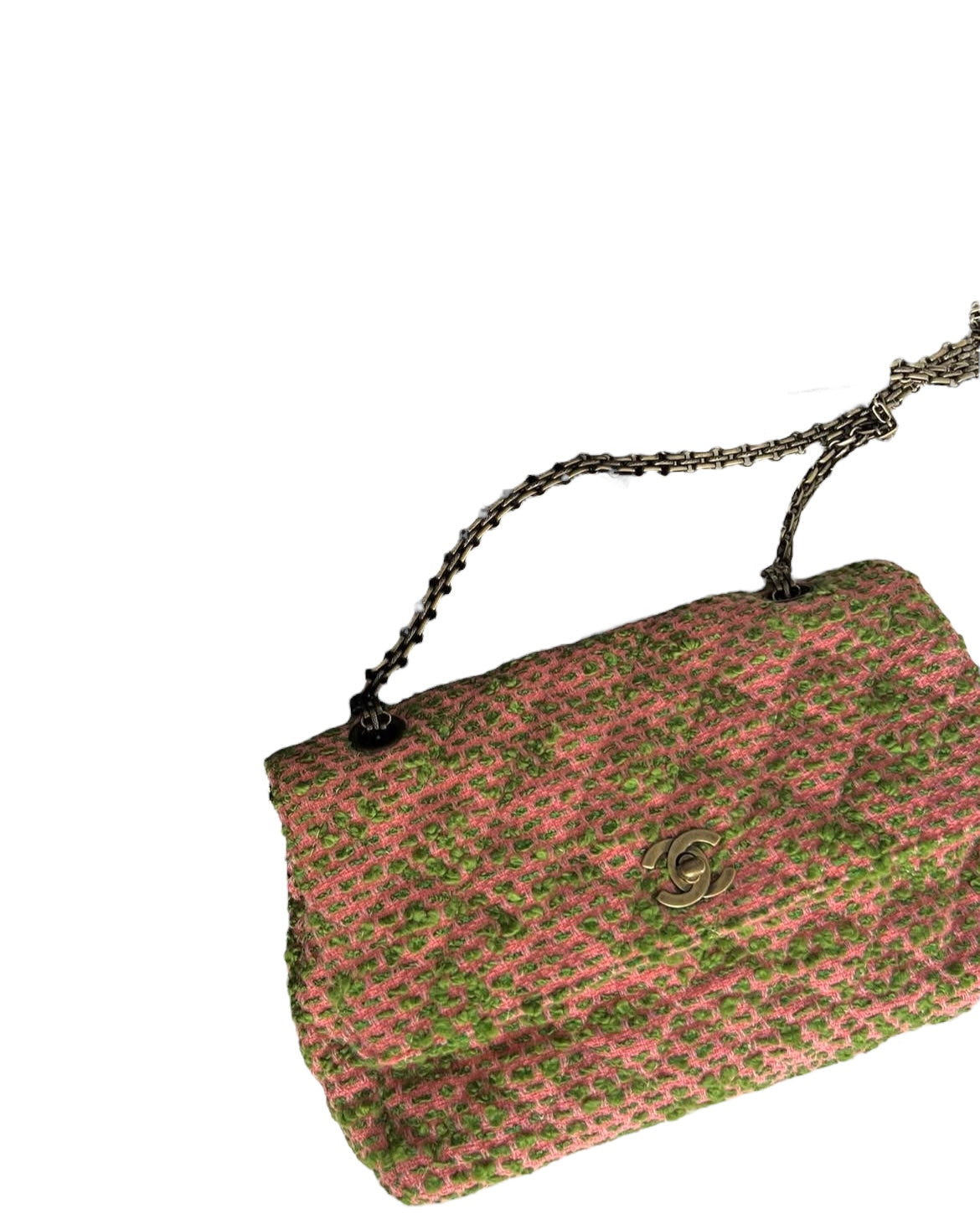 Rare Chanel flap bag quilted in pink and green tweed, reissue chain