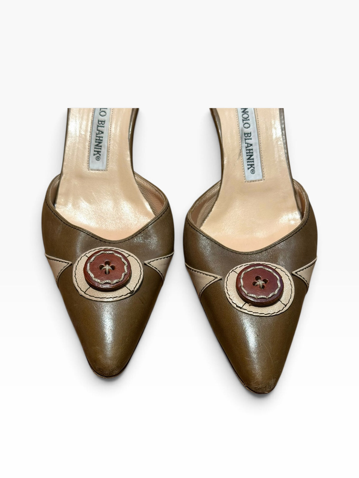 Manolo Blahnik olive mules with brown button details (35.5)